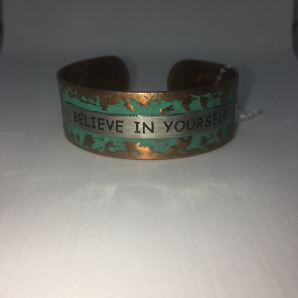 Believe In Yourself Oxidized Cuff Bracelet - Copper, Green - Picture 6 of 7